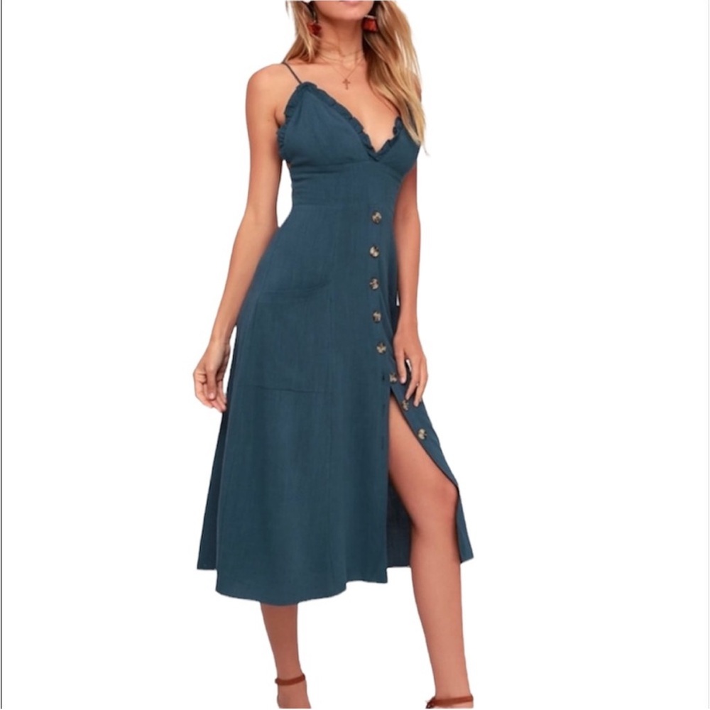 Lulus Lisbeth Blue Button Front Midi Dress‎ Linen Blend Backless S